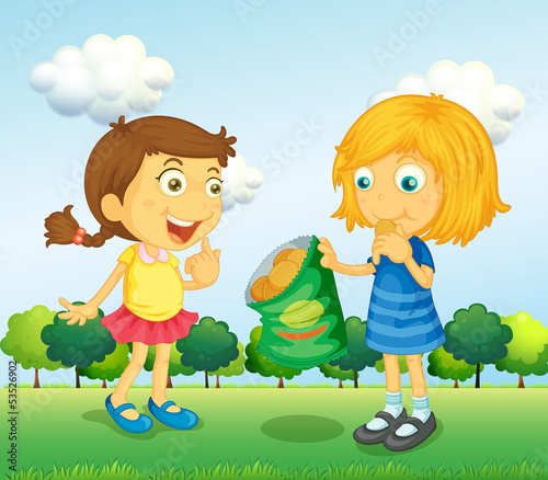Two girls talking with junkfoods