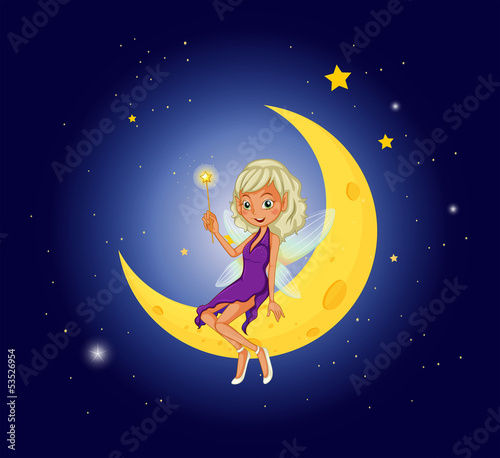 A fairy holding a wand sitting at the moon