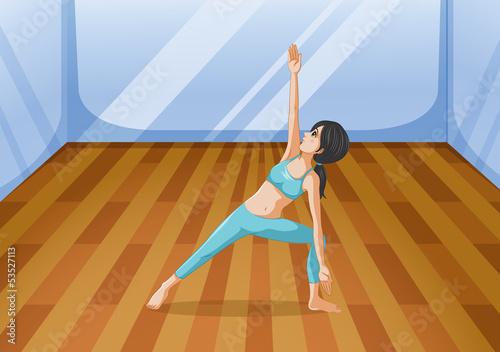 A room with a girl performing yoga