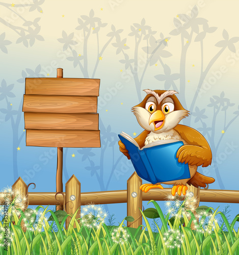 An owl reading a book beside a wooden signboard