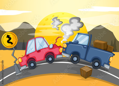 Two cars bumping in the middle of the road
