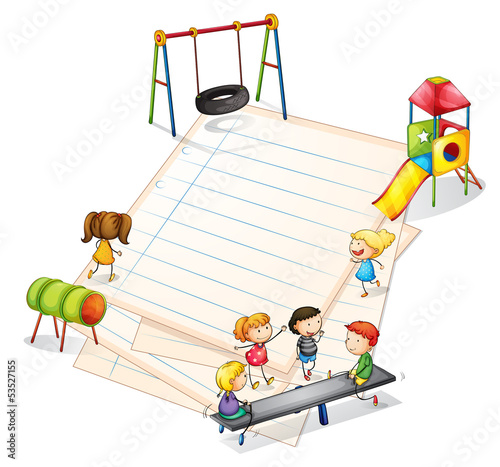 A paper with a park with many kids