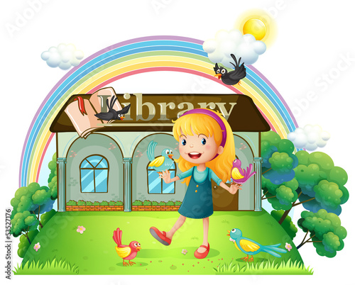 A girl dancing with birds outside the library