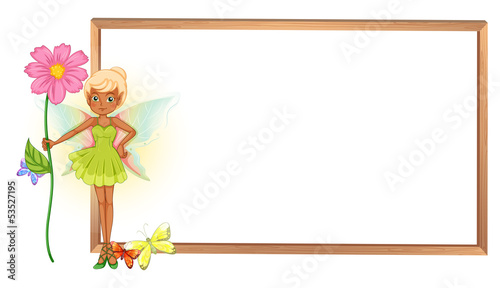 A fairy holding a flower in front of the empty signboard