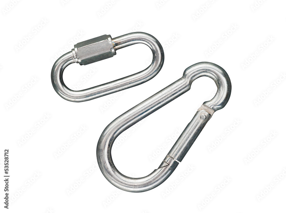 A pair of carabiners for the best security while climbing in mountain, isolated on white background A pair of carabiners for the best security while climbing in mountain, isolated on white background