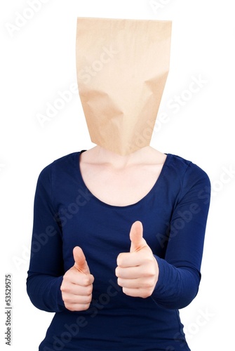 person with blank paper bag head photo