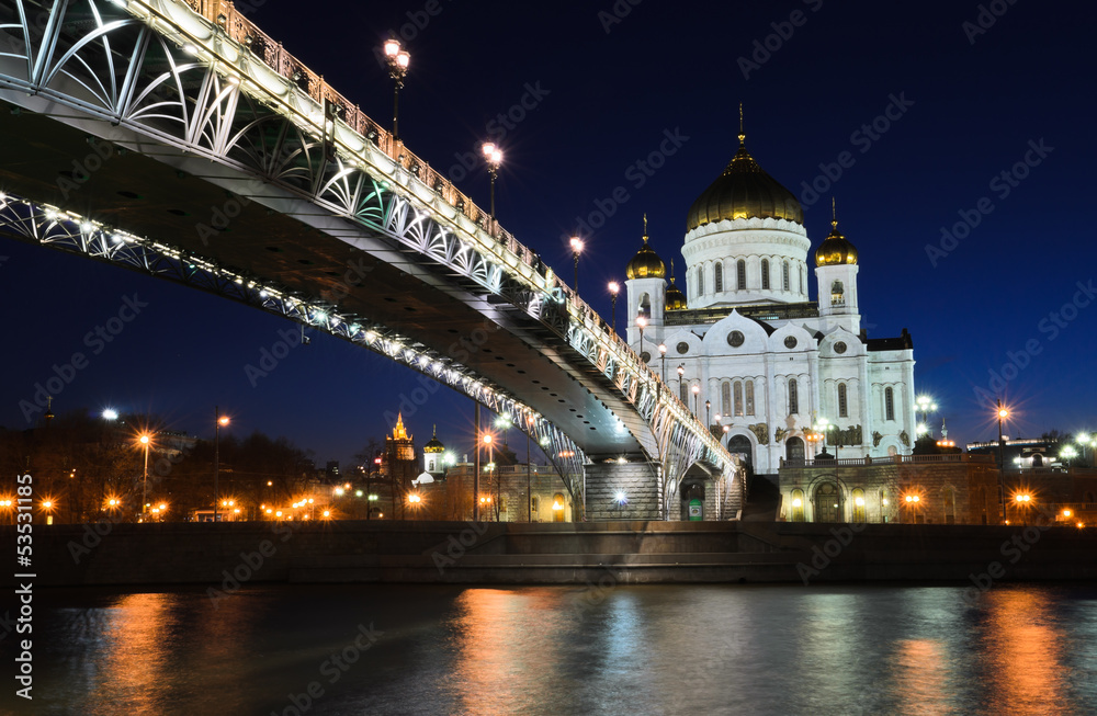 Cathedral of Christ the Saviour illuminated at dusk, Russia