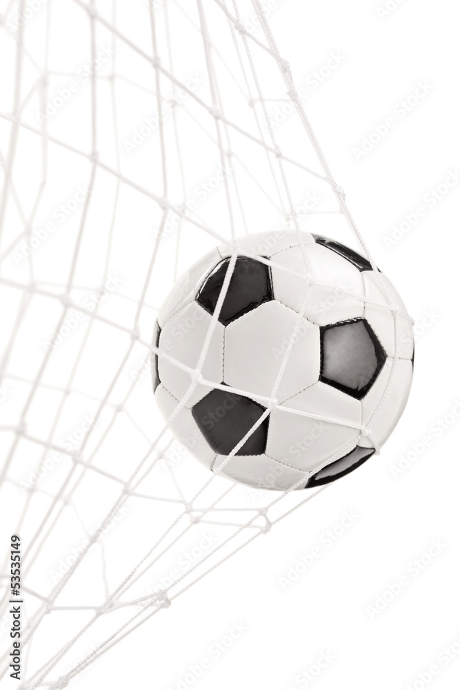 Fotografie Soccer ball in a goal net