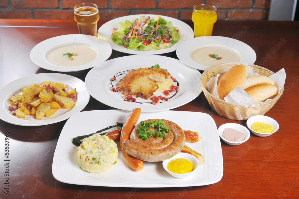 German sausage food - bread and salad German sausage food - bread and salad