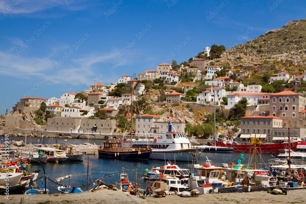 boats and yachts on Hydra island in Greece