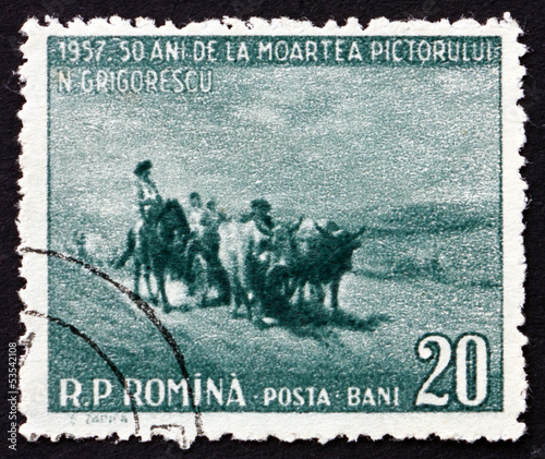 Postage stamp Romania 1957 Oxcart, by Nicolae Grigorescu photo