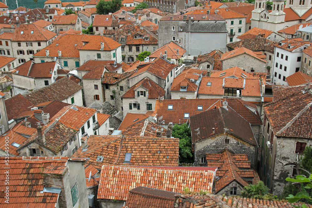red tiled roofs of the buildings in old town of Kotor