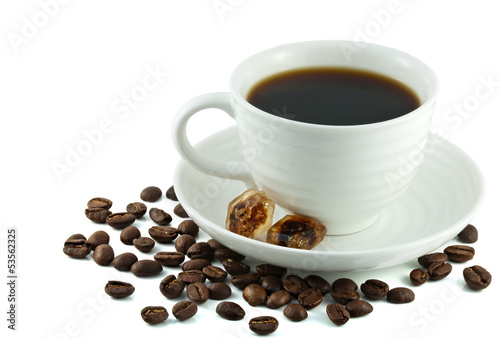 cup black coffee, caramel sugar crystals, coffea arabica beans