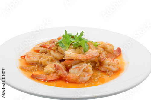 fried shrimp with garlic on white dish