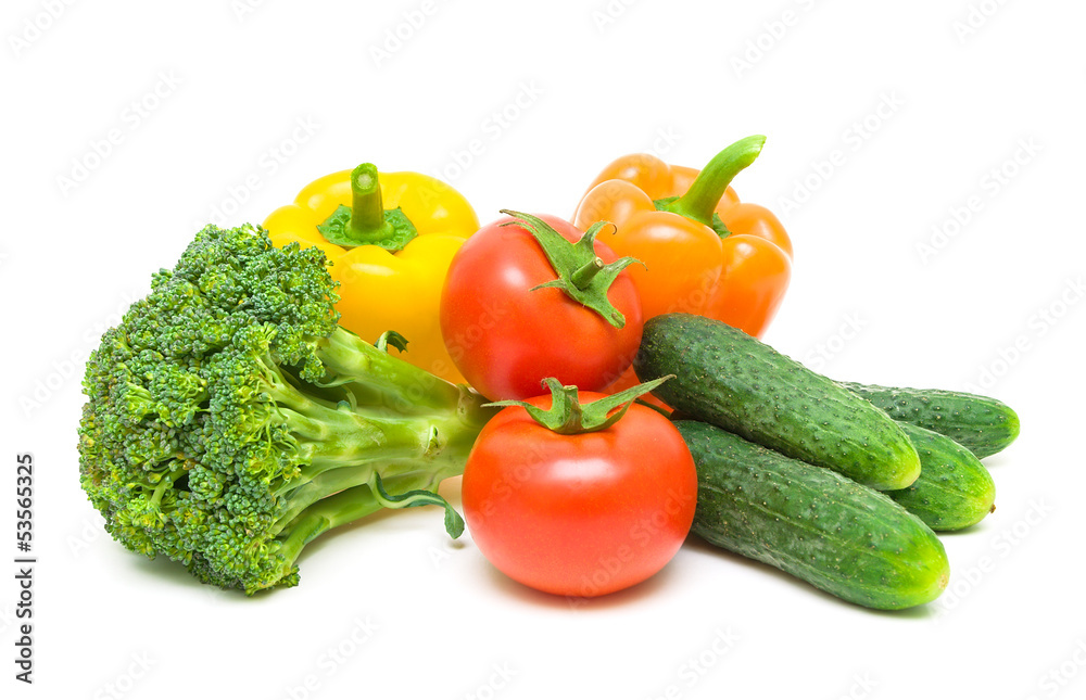 tomatoes, broccoli, peppers and cucumbers isolated on white back tomatoes, broccoli, peppers and cucumbers isolated on white back