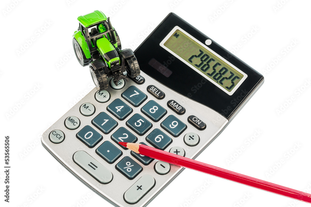Naklejka premium Traktor, Rotstift und Taschenrechner