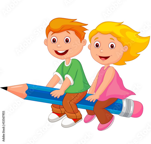 Boy and girl flying on a pencil