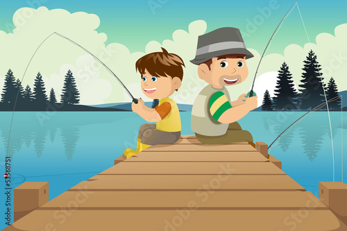 Father and son going fishing in a lake