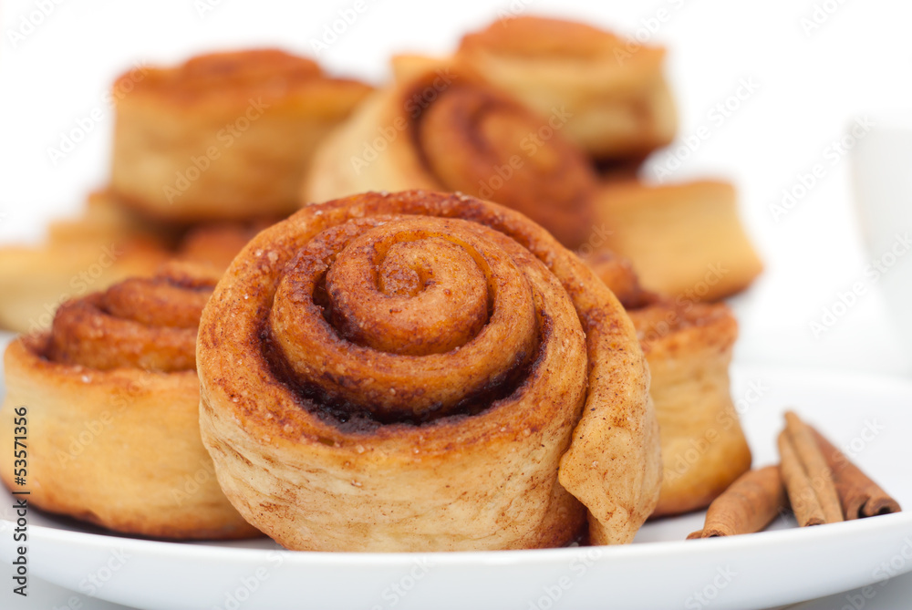 Cinnamon rolls group, selective focus