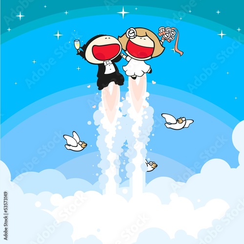 Happy bride and groom flying