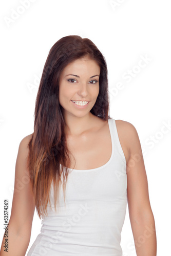 Attractive brunette girl dressed in white