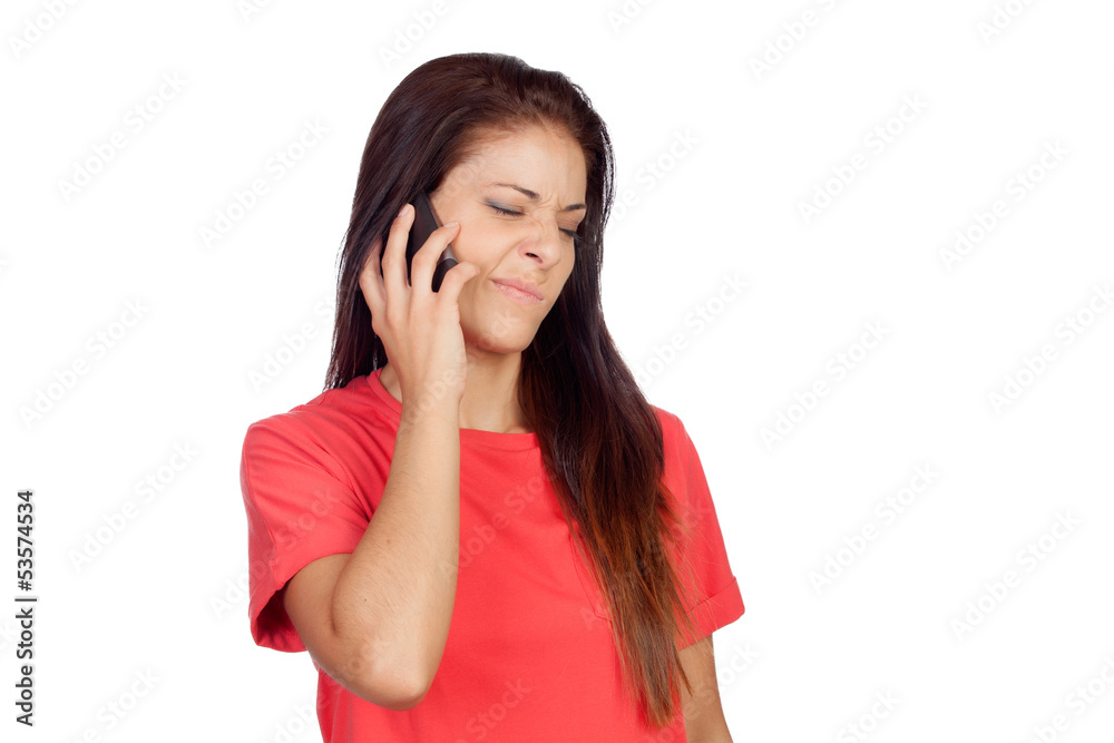 Woman on the phone with a gesture of negativity on her face Woman on the phone with a gesture of negativity on her face