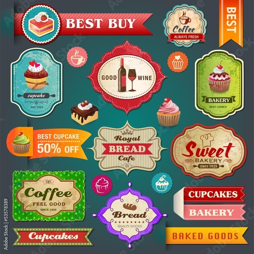 Collection of vintage retro bakery labels, badges and ribbons
