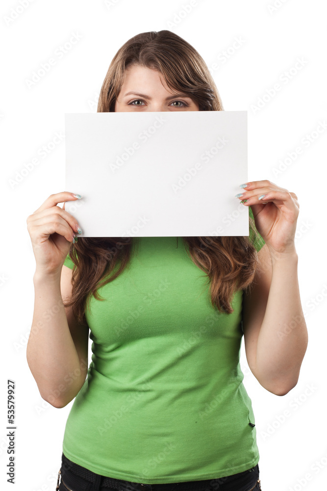 Young woman closing a half of her face with white sign on a whit Young woman closing a half of her face with white sign on a whit