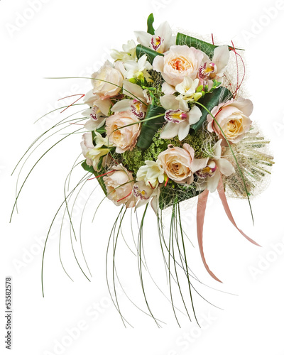 Flower arrangement of peon flowers and orchids isolated on white