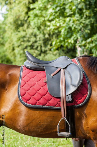 Leather saddle on the horse