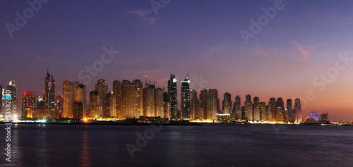 A dusk view of Dubai Marina including JBR from the Arabian Gulf