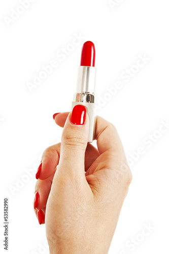 Woman Hand Holding Red Lipstick On White Background