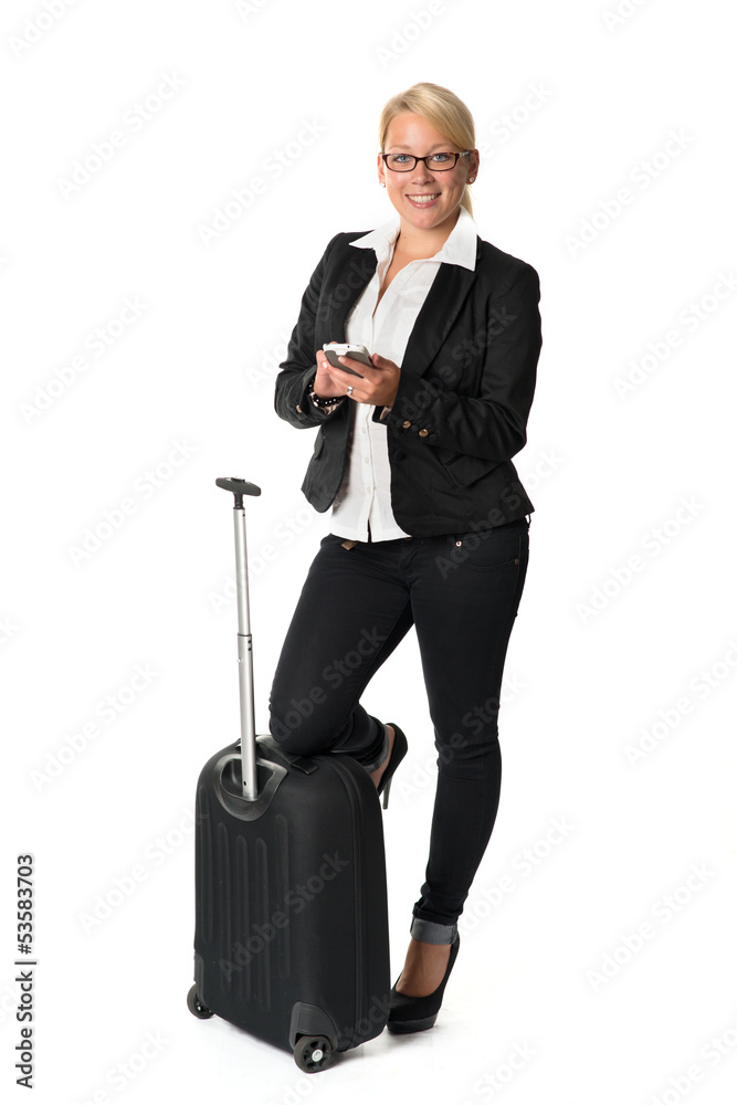 Geschäftsfrau mit Koffer und Handy