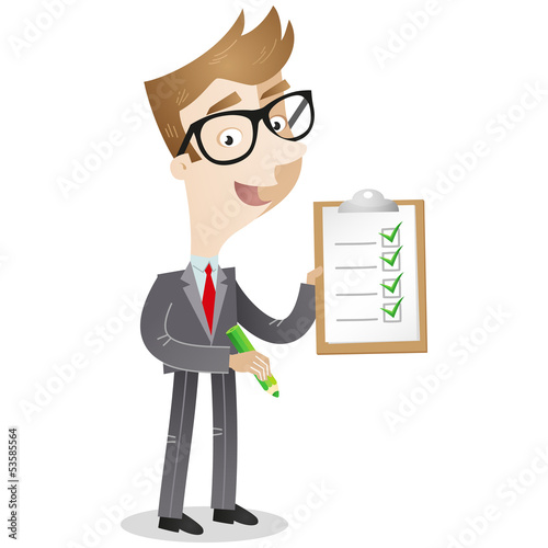 Businessman, clipboard, checklist, pencil, tick off