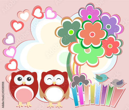 Background with cute owls, heart, flower and birds