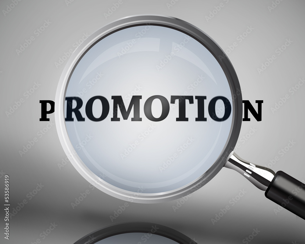 Magnifying glass showing promotion word Magnifying glass showing promotion word