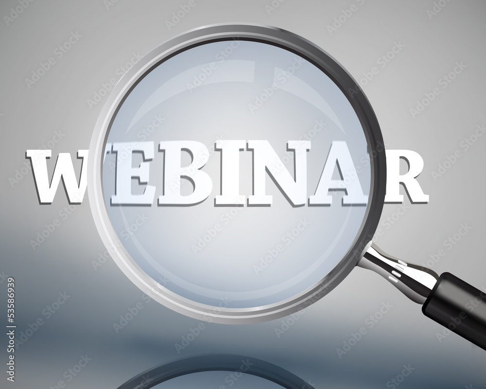 Magnifying glass showing webinar word in white Magnifying glass showing webinar word in white