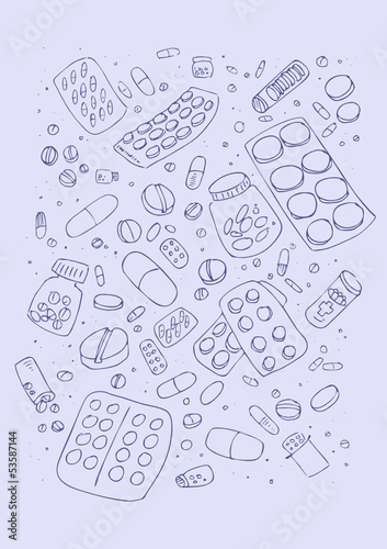 ector illustraition of various pills, hand drawn design set