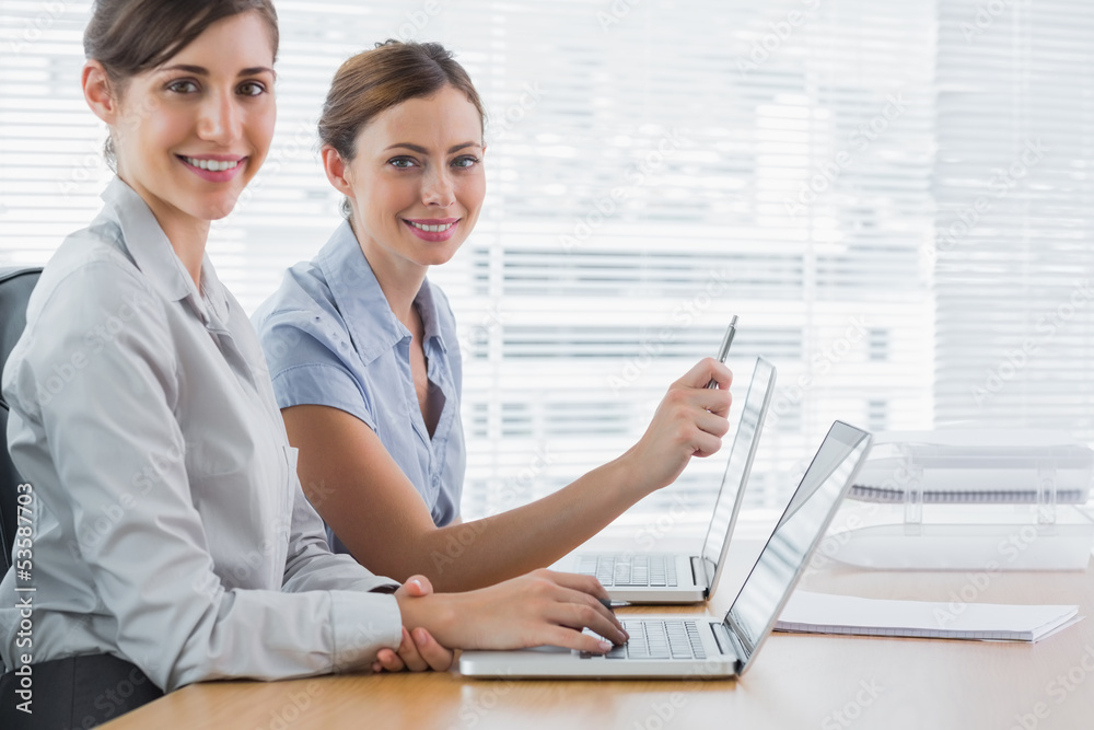 Obraz premium Young businesswomen working on their laptops portrait