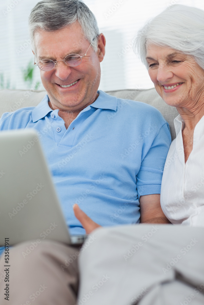 Couple using a laptop on the couch
