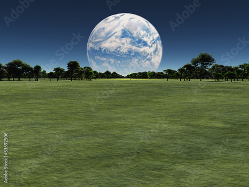 Terraformed moon over earth landscape or alien planet