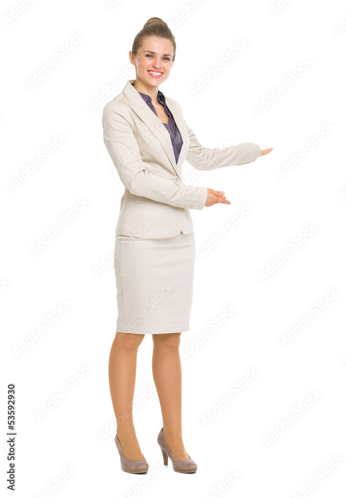 Happy business woman inviting to come Happy business woman inviting to come