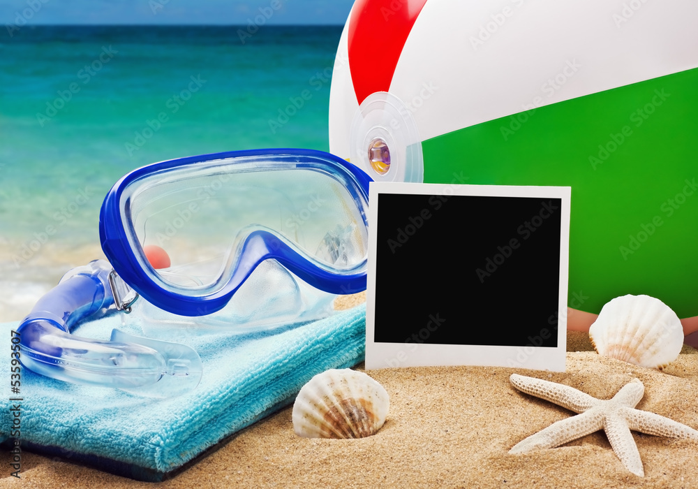 beach accessories on a background of sea