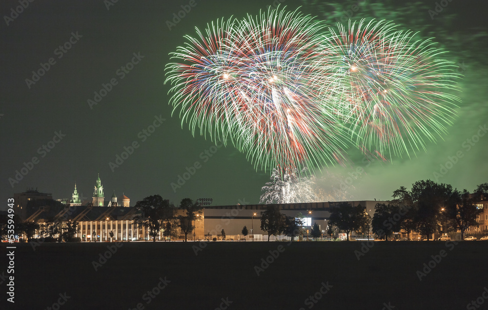Fototapeta premium Poland, Krakow Skyline, Wawel Castle, Fireworks