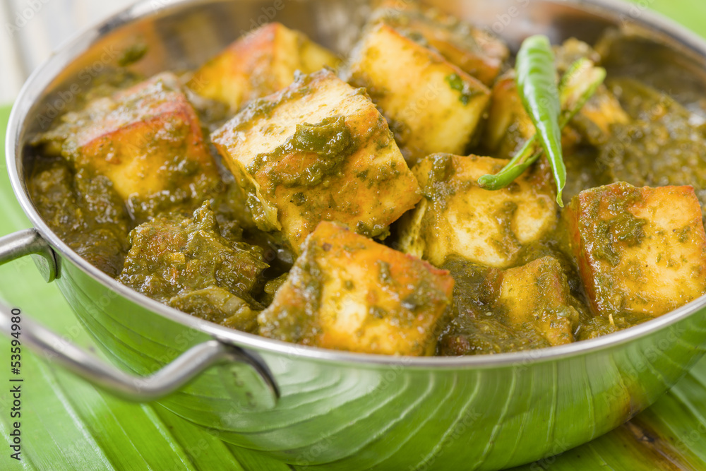 Palak Paneer Asian curry with cheese cubes and pureed spinach. Stock