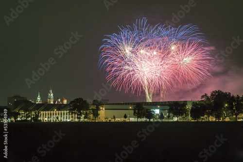 Poland, Krakow Skyline, Wawel Castle, Fireworks
