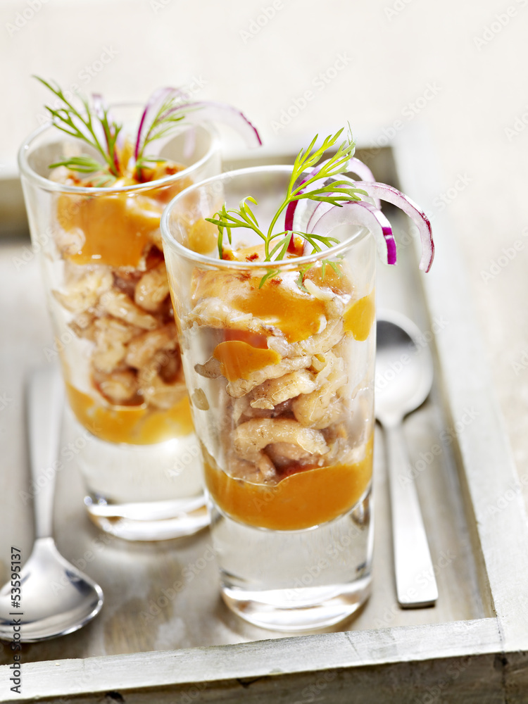 starter of prawns with mouse served in a small glass starter of prawns with mouse served in a small glass