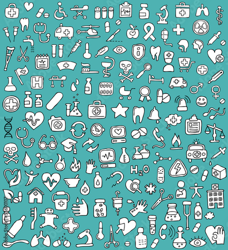 Big doodled medicine and health icons collection in black and wh
