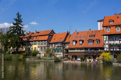 Half-timbered houses on a bank of stream in Bamberg, Germany.