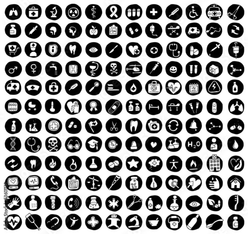 Collection of 144 healt and medicine doodled icons
